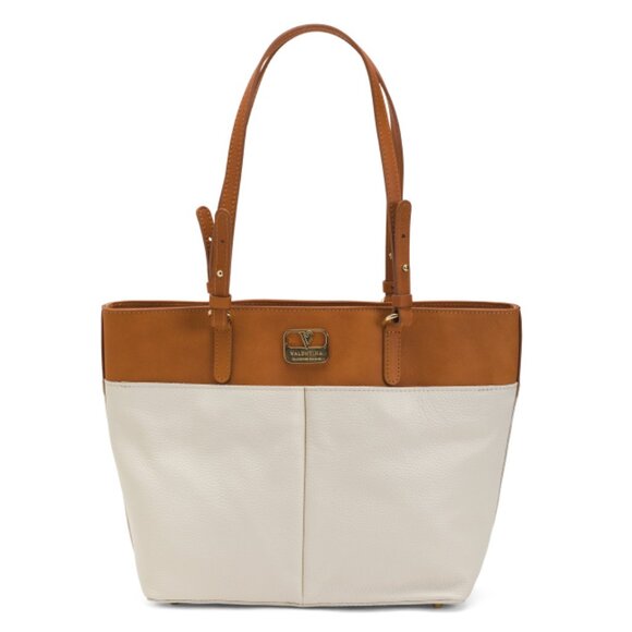 VALENTINA latte Made In Italy Leather Tote With Double Outside Pockets